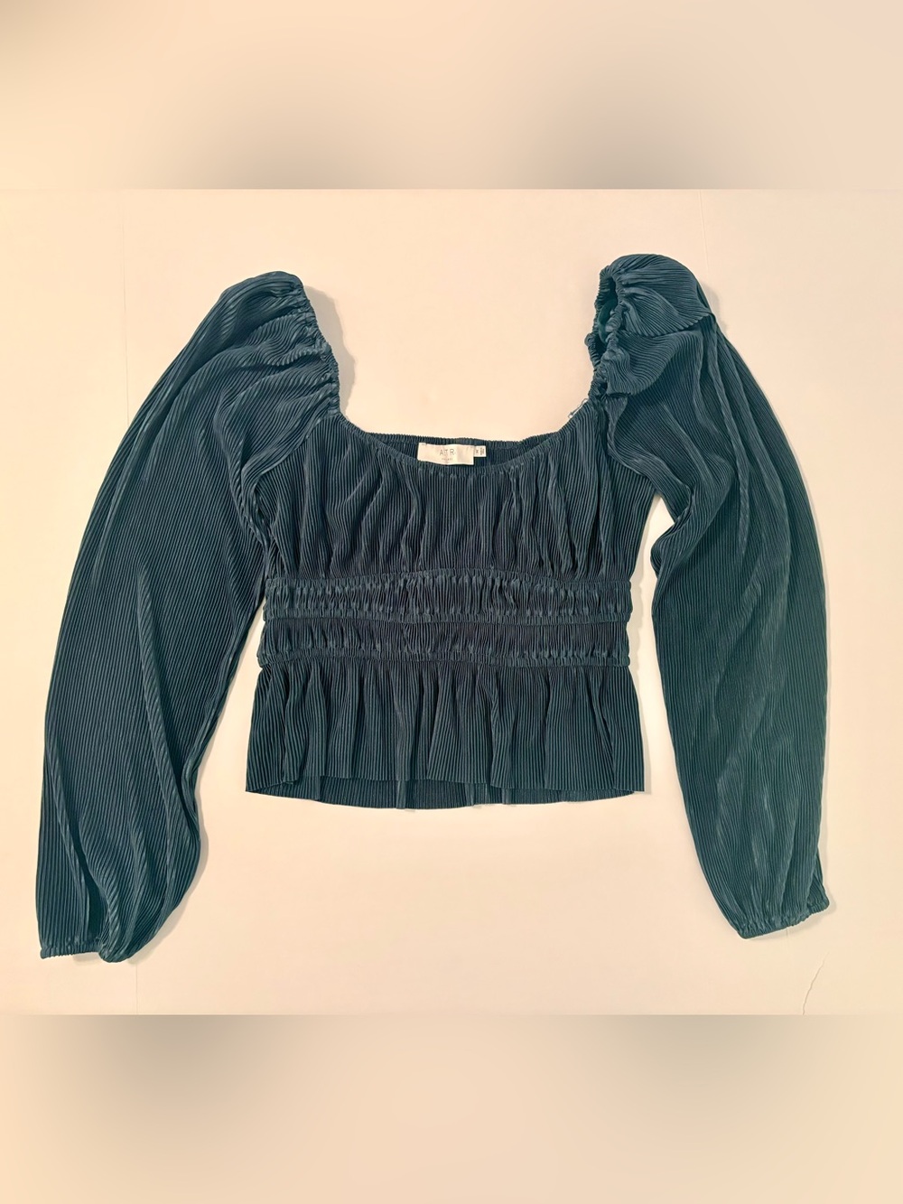 ASTR Teal Pleated Square-Neck Smocked Waist Long Sleeve Blouse Size Medium